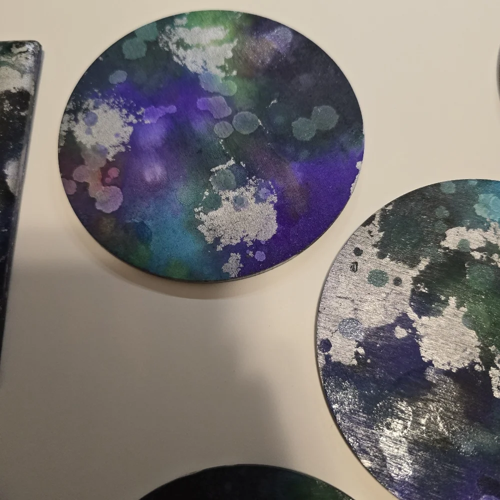 HANDCRAFTED Abstract Room Decor HANDPAINTED 6 Wood Coasters & Lightswitch Case - Picture 4 of 14